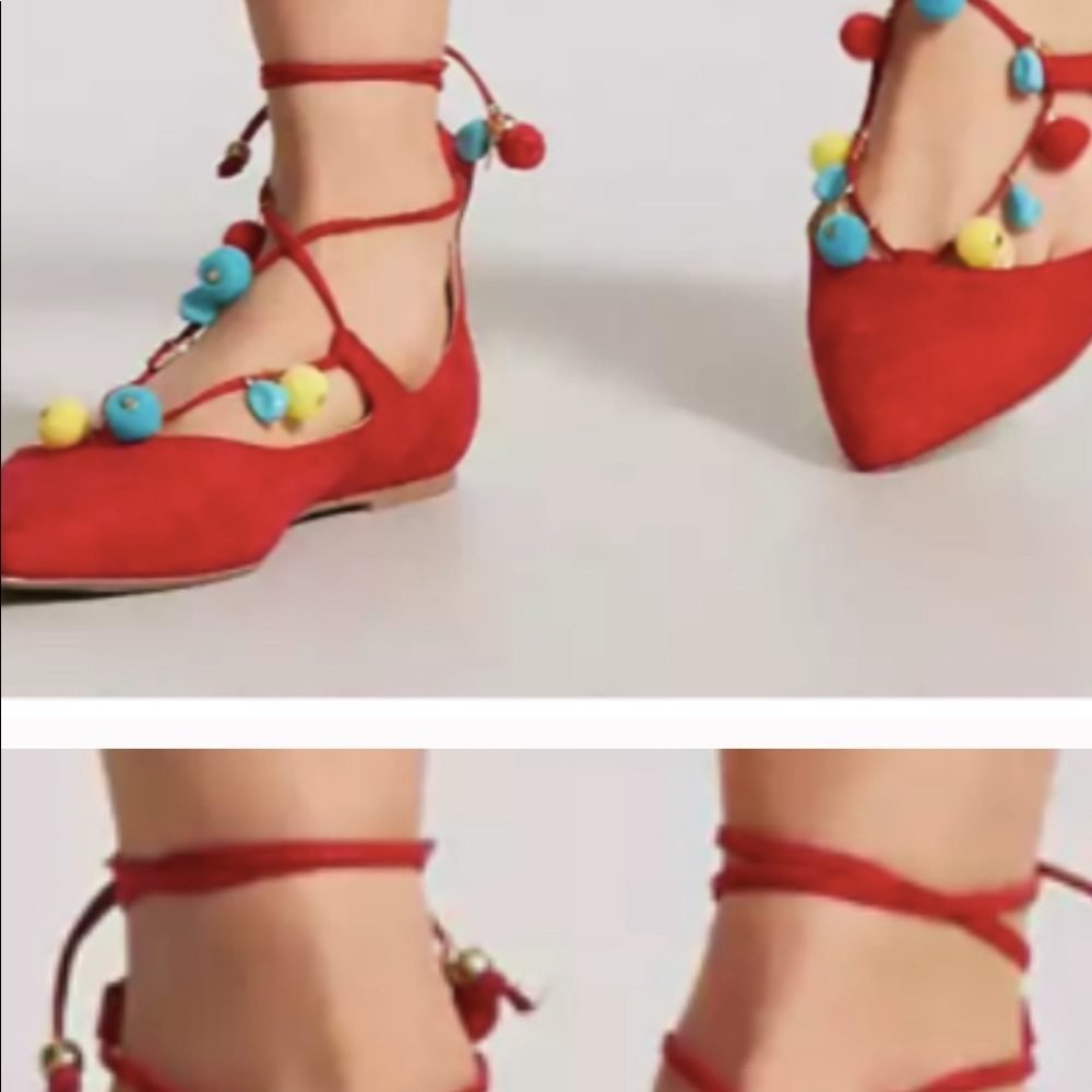 Red Faux Suede Lace-up flats with Pom Poms - Picture 4 of 7